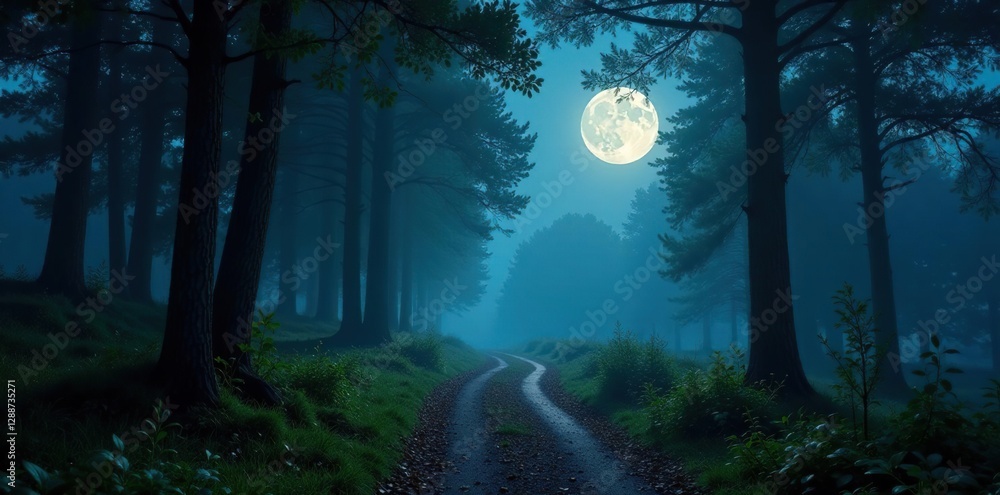 Fototapeta premium Forest path is bathed in soft lunar light, highlighting intricate details of nature, night, mist