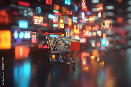 Dutch Angle Shot of a Mini Shopping Cart Surrounded by Floating Digital Icons Representing Products in a Vibrant Virtual Environment