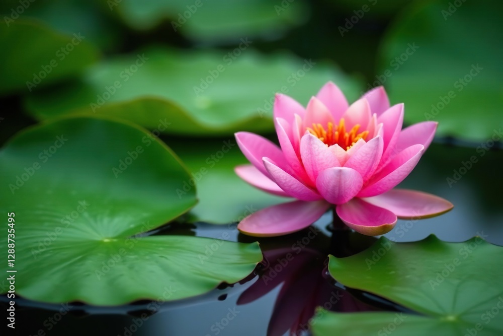 Pink flower blooming on a green water lily pad, pad, floral Pink flower blooming on a green water lily pad, pad, floral