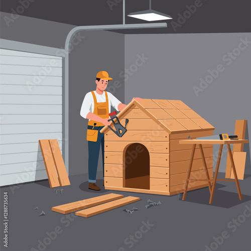 Carpenter building a wooden doghouse in flat vector art style