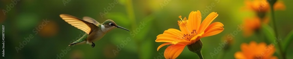 A delicate hummingbird flits around a bright orange flower, birdlife, botanicals A delicate hummingbird flits around a bright orange flower, birdlife, botanicals