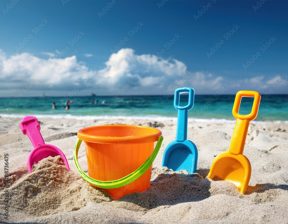 A colorful plastic bucket and shovels are placed on the sandy beach with the ocean and blue sky in the background. A colorful plastic bucket and shovels are placed on the sandy beach with the ocean and blue sky in the background.