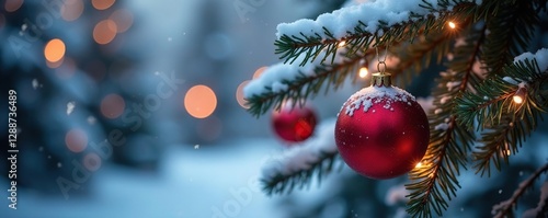 Snowy pine branches with glowing red and silver ornaments, lighting, ambiance
