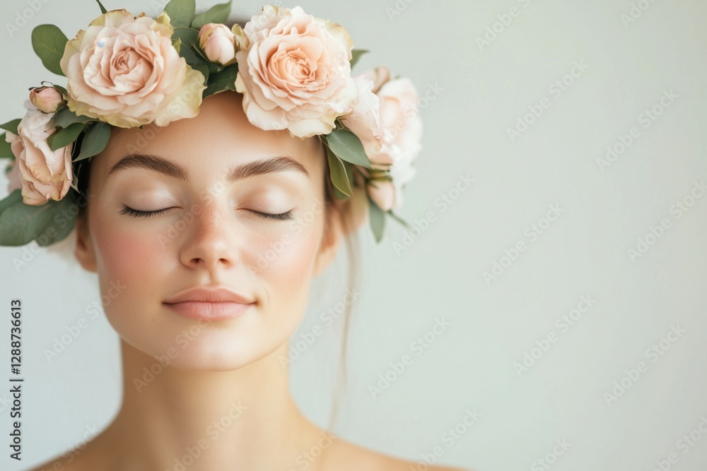 Close-up portrait of a young beautiful woman with her eyes closed in pleasure, wearing a wreath of delicate flowers, daydreaming or meditating. Close-up portrait of a young beautiful woman with her eyes closed in pleasure, wearing a wreath of delicate flowers, daydreaming or meditating.