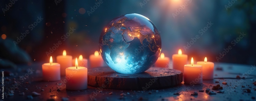 Fototapeta premium Candles surrounding a crystal ball with a glowing global in the distance, otherworldly, mystical