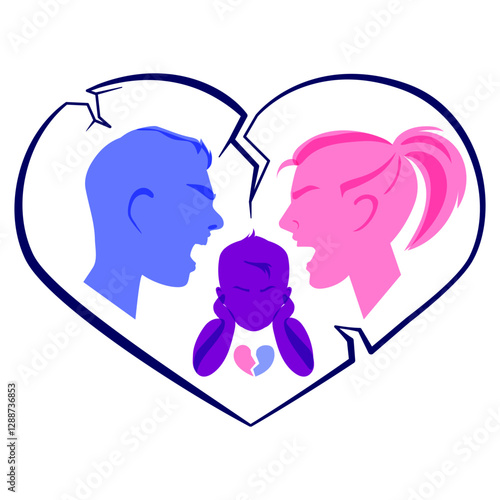 Parents arguing while a distressed child covers their ears Symbolizing family conflict divorce and the emotional impact on children.Family psychology mental health education, domestic violence.Vector