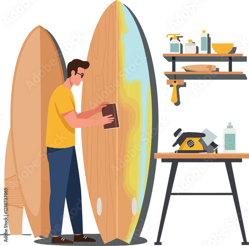 Skilled craftsman shaping surfboards in flat design style vector art
