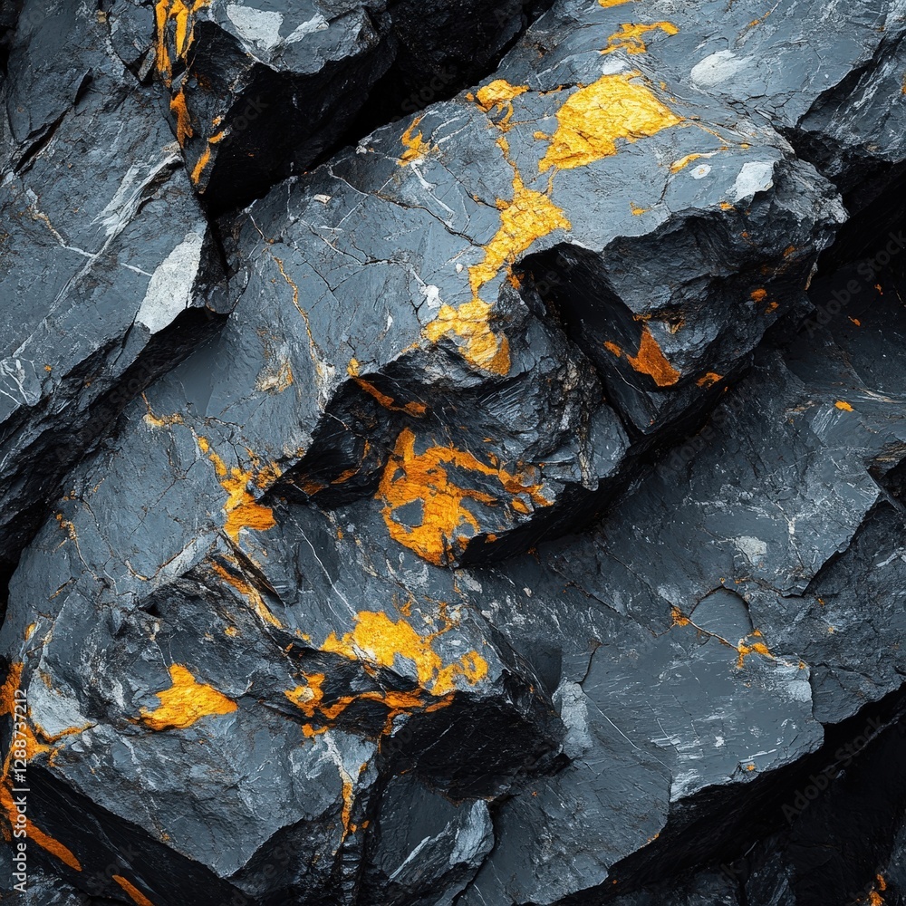 Iridescent lichen adorns a shadowy rock canvas in vibrant oranges and yellows, creating a striking contrast against its darkened backdrop