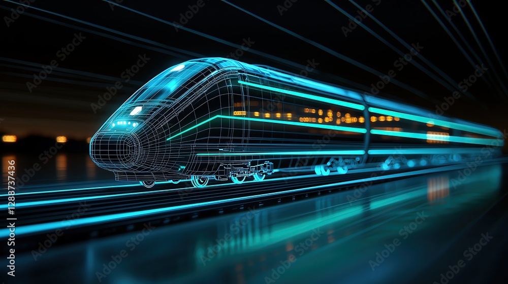 The wireframe of a high-speed train on magnetic levitation tracks, illuminated with pulsating blue and green glowing lines The wireframe of a high-speed train on magnetic levitation tracks, illuminated with pulsating blue and green glowing lines
