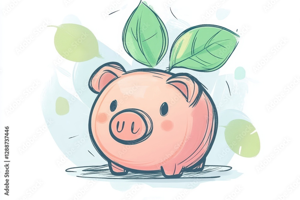 Fototapeta premium Cute Piggy Bank with Green Leaves Symbolizing Savings and Growth