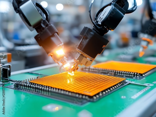 Assembly line with robotic arms applying adhesives to electronic devices