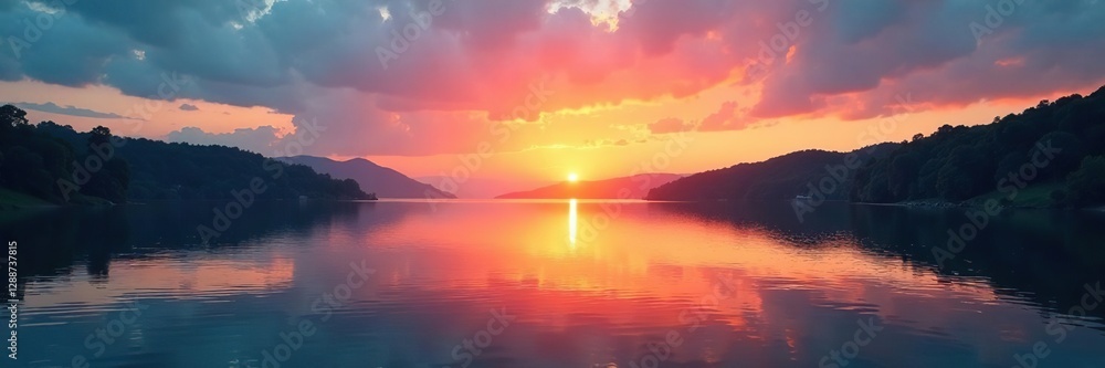 Fototapeta premium Sunset over a tranquil lake with orange hues in the sky and blue waters below, sky, nature, water