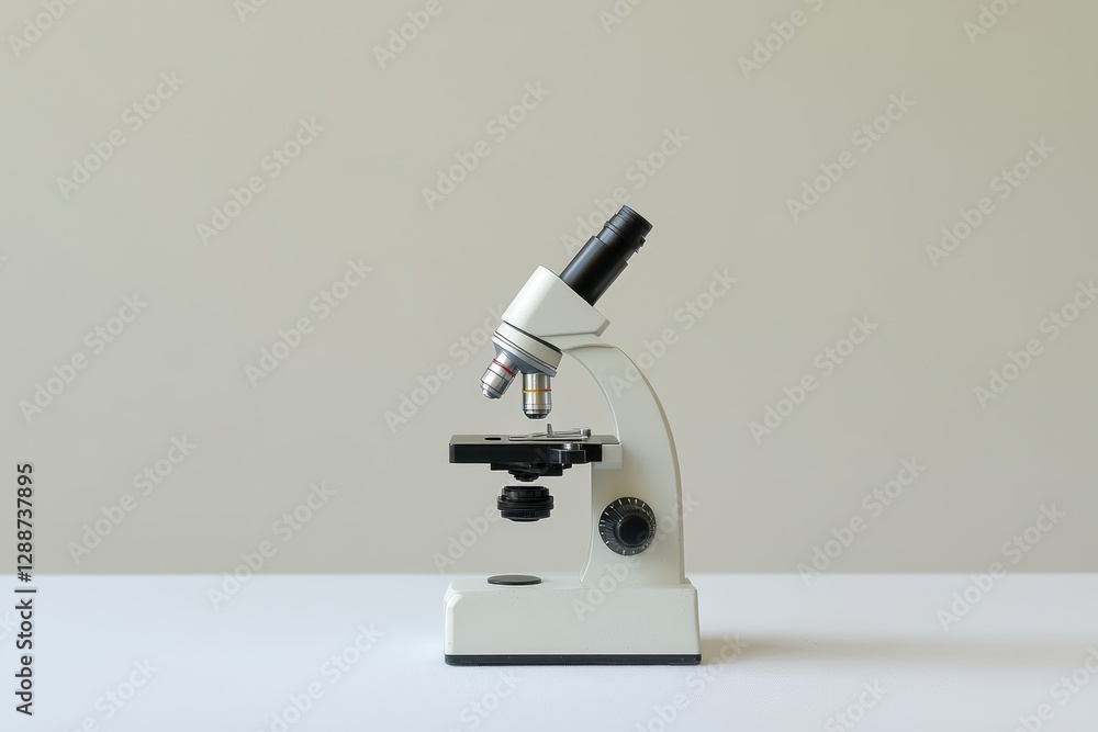 Classic Microscope on Simple Table with Neutral Background Classic Microscope on Simple Table with Neutral Background