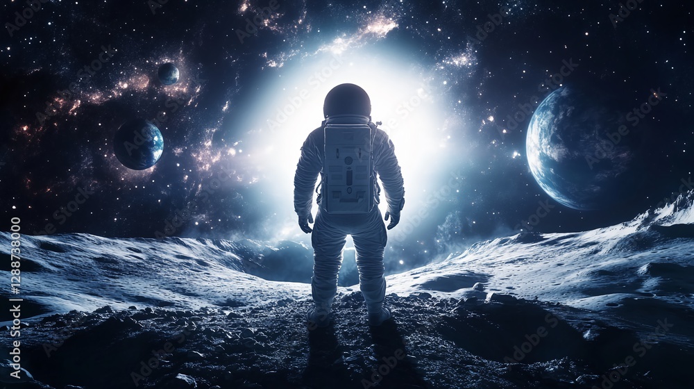 Obraz premium Astronaut Standing on a Lunar Surface with Cosmic Wonders in the Background