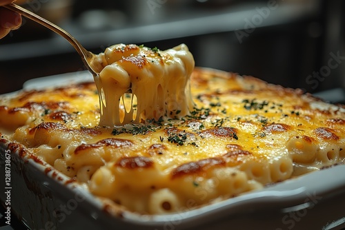 Baked macaroni and cheese being lifted with a fork showing delicious cheesy strands topped with herbs