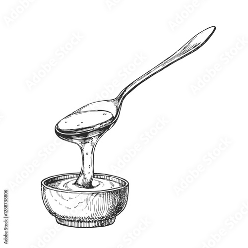 Vector hand-drawn illustration of honey dripping from a tablespoon into a bowl. Black and white sketch of a baking ingredient.