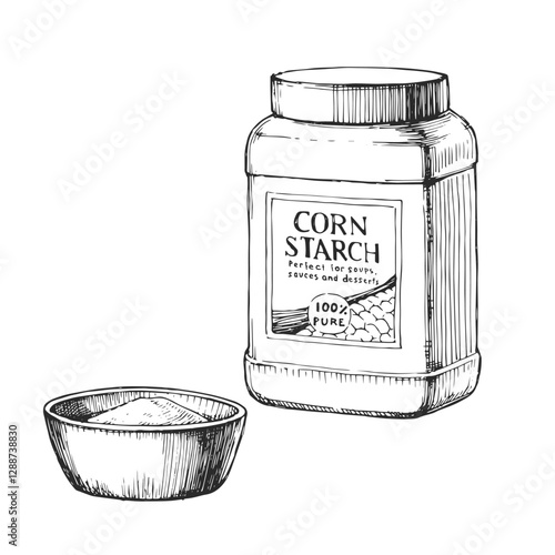 Vector hand-drawn illustration of corn starch in plastic jar. Black and white sketch of cooking ingredient.