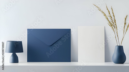 Blue Envelope Mockup with White Card and Gold Branches