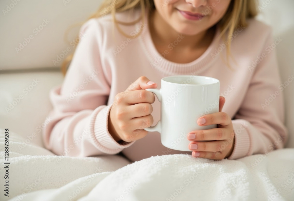 Woman in a sweater holding a white cup with a hot drink in a light peaceful environment Woman in a sweater holding a white cup with a hot drink in a light peaceful environment