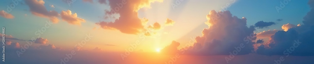 Fototapeta premium Golden hues dance across a serene blue sky at sunset, clouds, peaceful, gentle