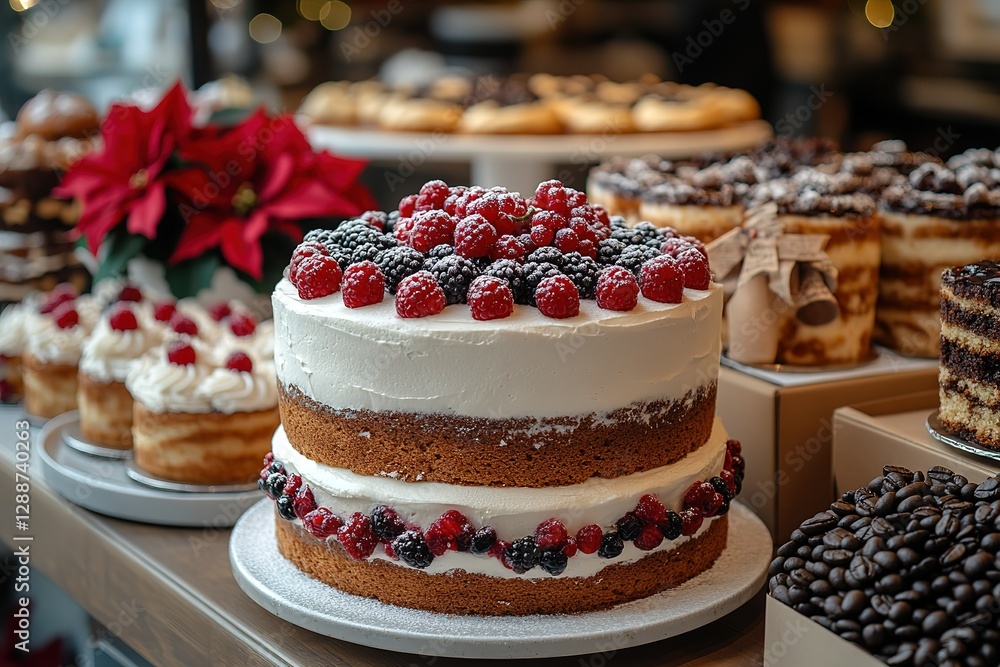 Delicious two-layer cake topped with berries and a dusting of powder surrounded by other tasty treats and desserts on display Delicious two-layer cake topped with berries and a dusting of powder surrounded by other tasty treats and desserts on display