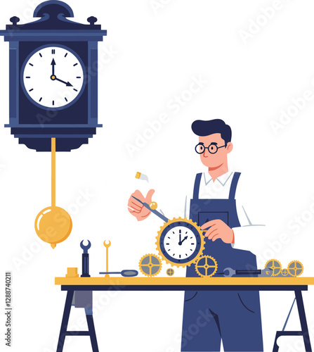 Clockmaker repairing clock mechanism in flat vector illustration style with detailed design elements