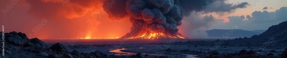 Fototapeta premium A dark cloud of smoke billows from the earth's surface, molten rock, burning earth