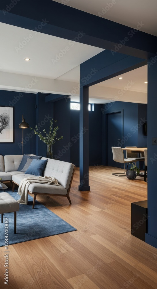 Fototapeta premium Navy Blue Warm White Basement design Zen Scandinavian decor
