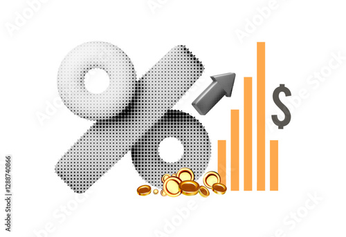 Percent up. Icon percent with arrow, golden coins and graph. Market analysis halftone 3D design, investment or interest rate