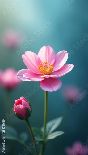 A delicate flower blooming in a garden amidst a gentle pink and blue gradient, blossom, bloom