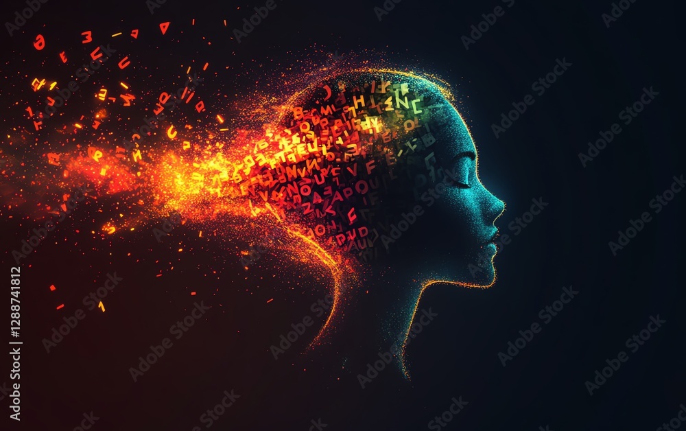 Colorful letters flying from the silhouette of a persons head, symbolizing learning and education, bright and vibrant motion, abstract design, ultrarealistic, 8K resolution Colorful letters flying from the silhouette of a persons head, symbolizing learning and education, bright and vibrant motion, abstract design, ultrarealistic, 8K resolution
