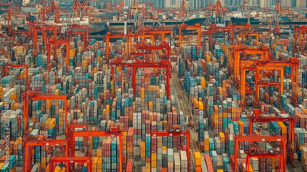 Naklejka premium Cranes and containers unloading chinese port industrial scene busy environment aerial view maritime commerce
