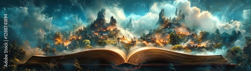 Colorful open book illustration with an enchanting small village on top, vibrant landscape, fantasy scene, charming and peaceful vibe, highdefinition, 8K resolution photo