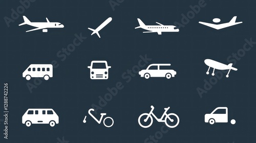 A set of minimalist transportation icons, including cars, planes, and bicycles, perfect for clean and modern designs