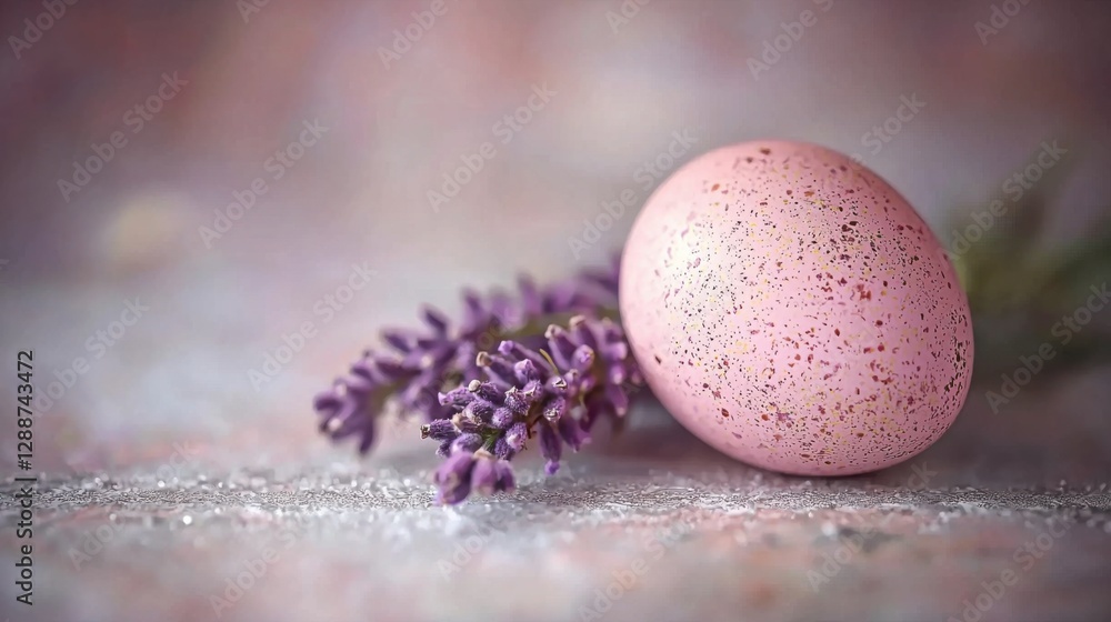 Obraz premium A minimalistic Easter background professionally designed in the studio, featuring a clean white surface with a single pastel egg and a sprig of lavender