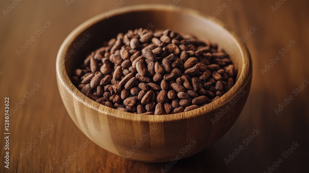 Fototapeta premium Close-Up of Cocoa Beans in a Wooden Bowl on a Rustic Table