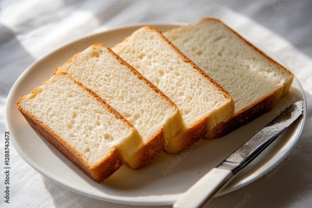 Simple breakfast scene with slices of bread on a plate, ready to be toasted or enjoyed as is with a knife nearby. Simple breakfast scene with slices of bread on a plate, ready to be toasted or enjoyed as is with a knife nearby.