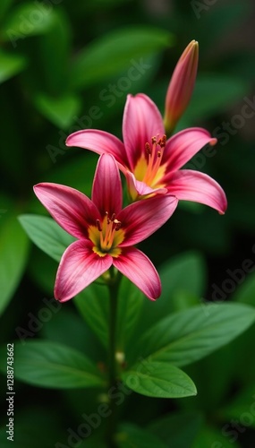 Delicate star-shaped blooms with maroon lily petals Nettie s Pride unfold in a lush green garden, garden, maroon, star shape