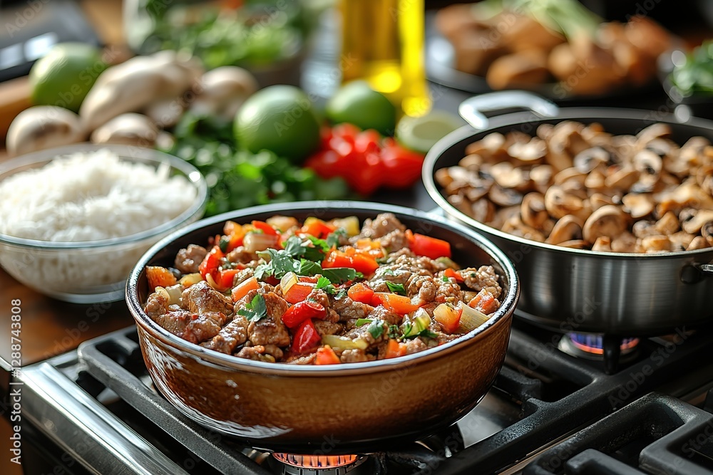 Delicious savory dish on a stove with accompaniments like rice mushrooms limes and cilantro offer a complete meal experience Delicious savory dish on a stove with accompaniments like rice mushrooms limes and cilantro offer a complete meal experience