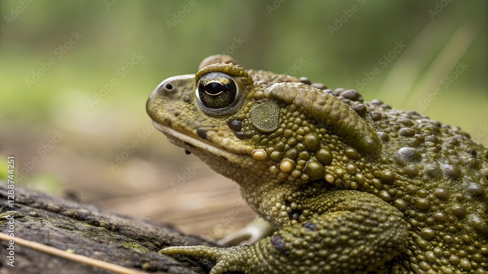 Toad Close-up: A detailed macro shot of a bumpy green toad perched on a log, showcasing its unique texture and captivating eyes, set against a natural blurred background. Toad Close-up: A detailed macro shot of a bumpy green toad perched on a log, showcasing its unique texture and captivating eyes, set against a natural blurred background.