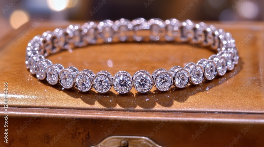 Obraz premium A delicate diamond bracelet with small round-cut diamonds, gracefully arranged on a jewelry box.