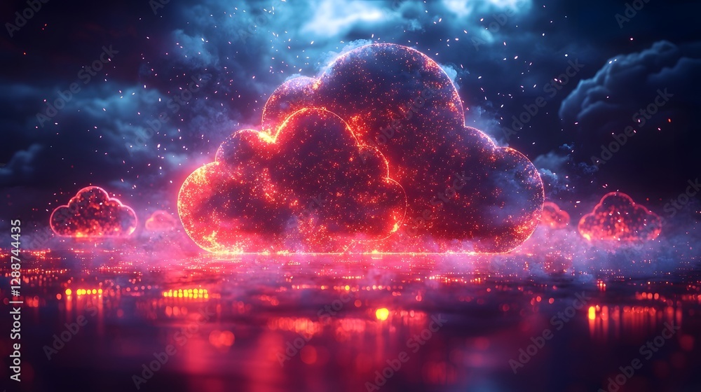 Fototapeta premium Futuristic Glowing Cloud Computing Concept with Holographic Devices Connected by Luminous Beams