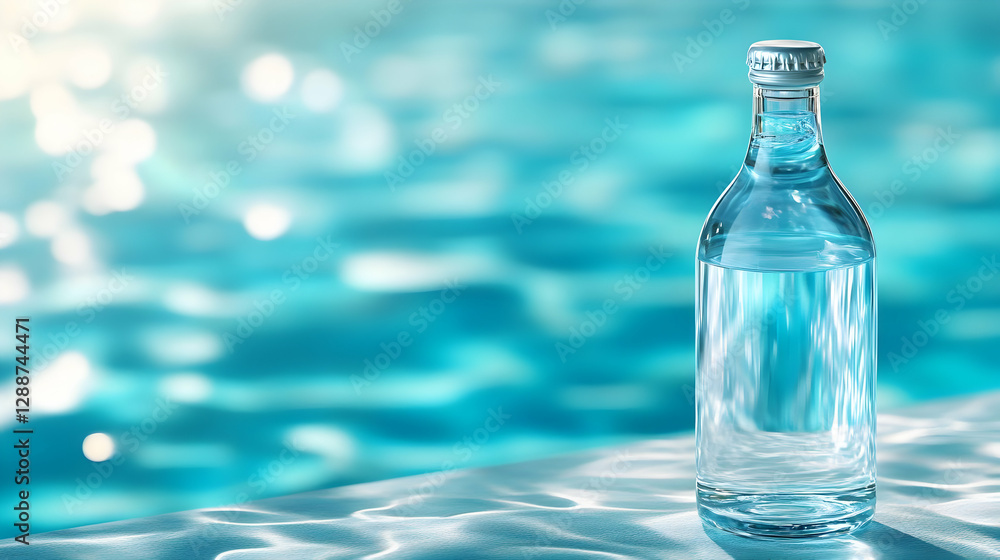 A refreshing bottle of sparkling water rests on a serene pool surface, glistening in the sunlight, evoking summer vibes. A refreshing bottle of sparkling water rests on a serene pool surface, glistening in the sunlight, evoking summer vibes.