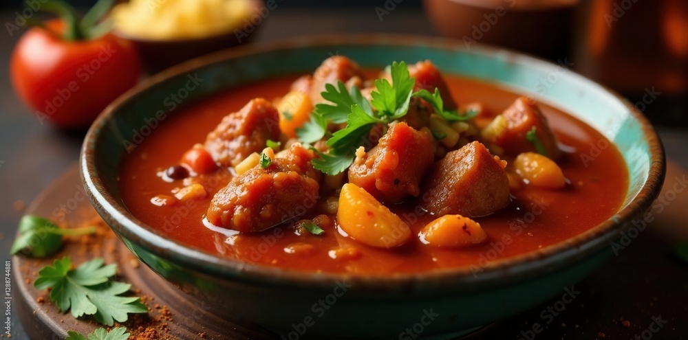 Mexican stew with tender chunks of meat and veggies, chili powder, tomatoes Mexican stew with tender chunks of meat and veggies, chili powder, tomatoes