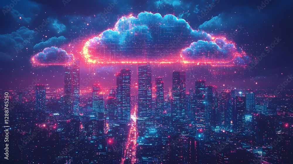 Fototapeta premium Vibrant Glowing Cityscape with Luminous Data Clouds Symbolizing Smart City