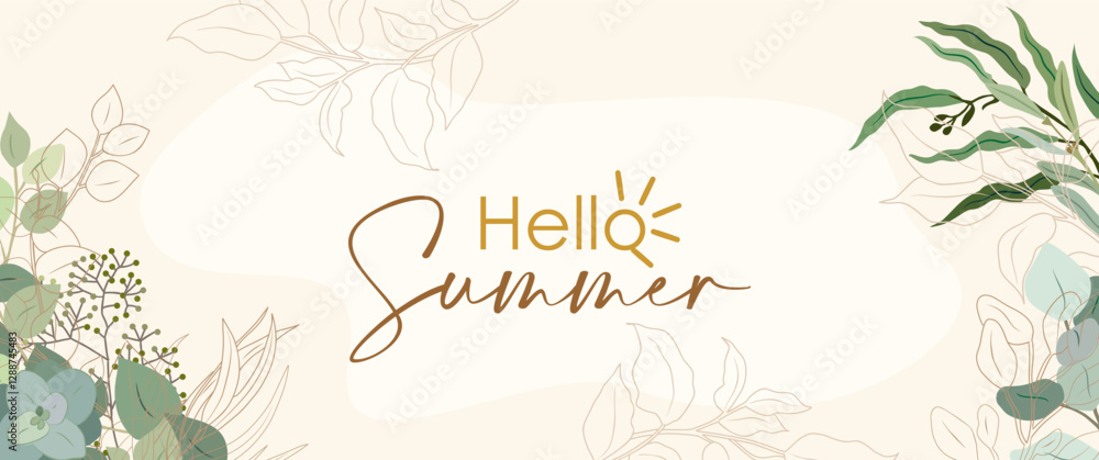 Hello Summer Abstract art background. Luxury minimal wallpaper with golden line art and green exotic eucalyptus plant leaves. Vector art for banner, cover, poster, cards, invitations, Web, packaging. Hello Summer Abstract art background. Luxury minimal wallpaper with golden line art and green exotic eucalyptus plant leaves. Vector art for banner, cover, poster, cards, invitations, Web, packaging.