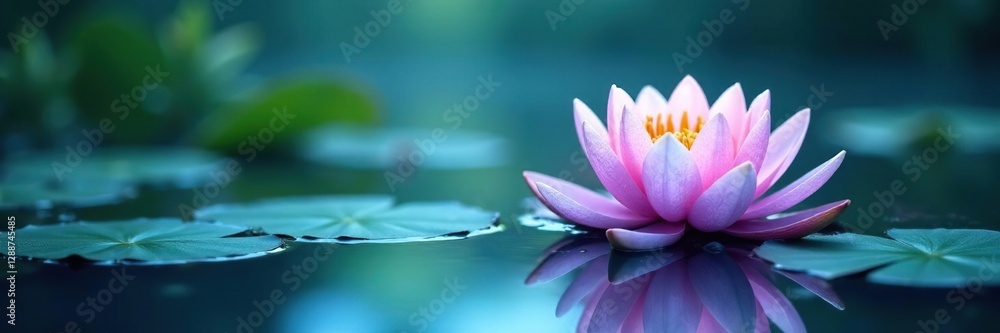 Delicate water lilies float on a peaceful pond with shades of blue purple green, abstract, blue