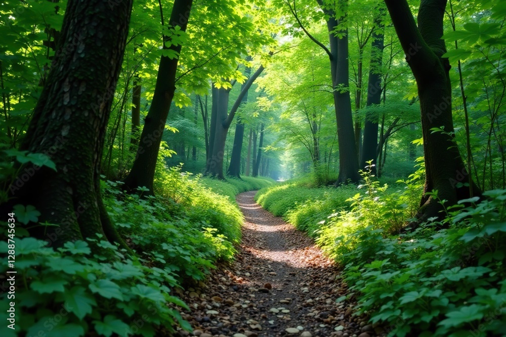 Fototapeta premium Dense foliage surrounds a winding forest path, branches, forest floor