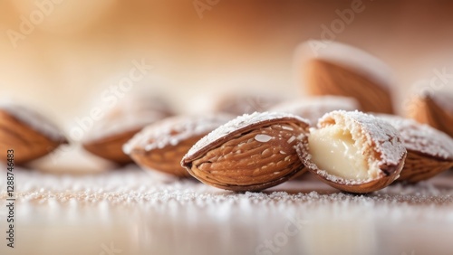 Close-up of almonds dusted with powdered sugar, one cracked open to reveal a creamy filling. The detailed texture and appetizing appearance make it a visually appealing and mouth-watering image