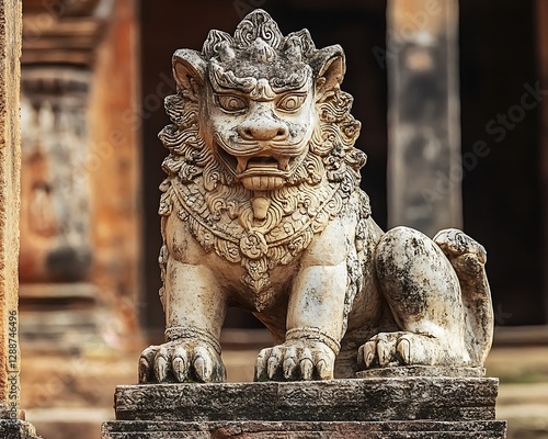 Ancient stone lion statue in temple ruins